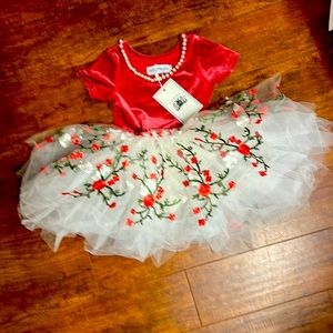 Only Little Once Christmas tutu dress. Red Velvet Tulle Floral Embroidered